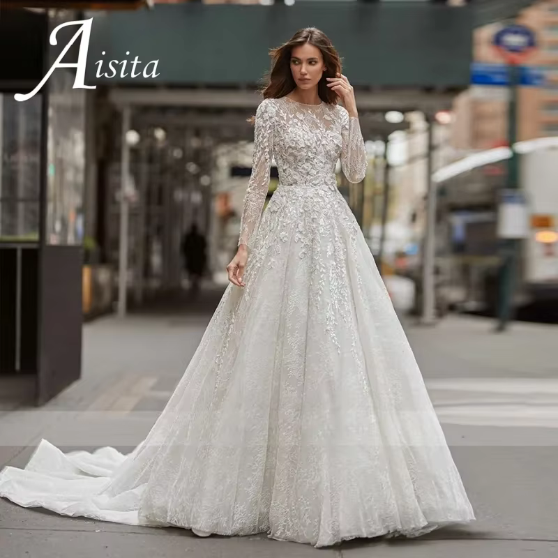 Robe De Mariée Simple en dentelle, ligne a, col rond, manches longues, Style Vintage, personnalisée,