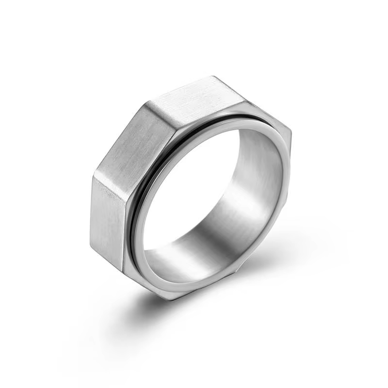 Bague hexagonale en titane et acier, anneau en forme d'écrou, pour soulager l'anxiété, décompression