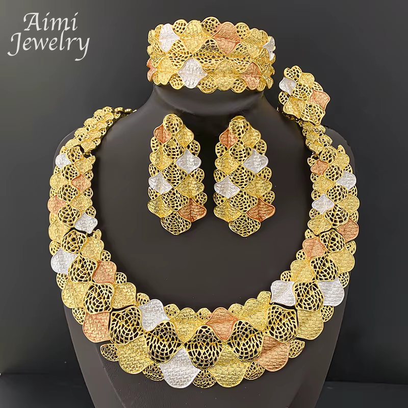 Ensemble de bijoux colorés exagérés plaqués or 18 carats pour femmes, ras du cou épais, collier, bou