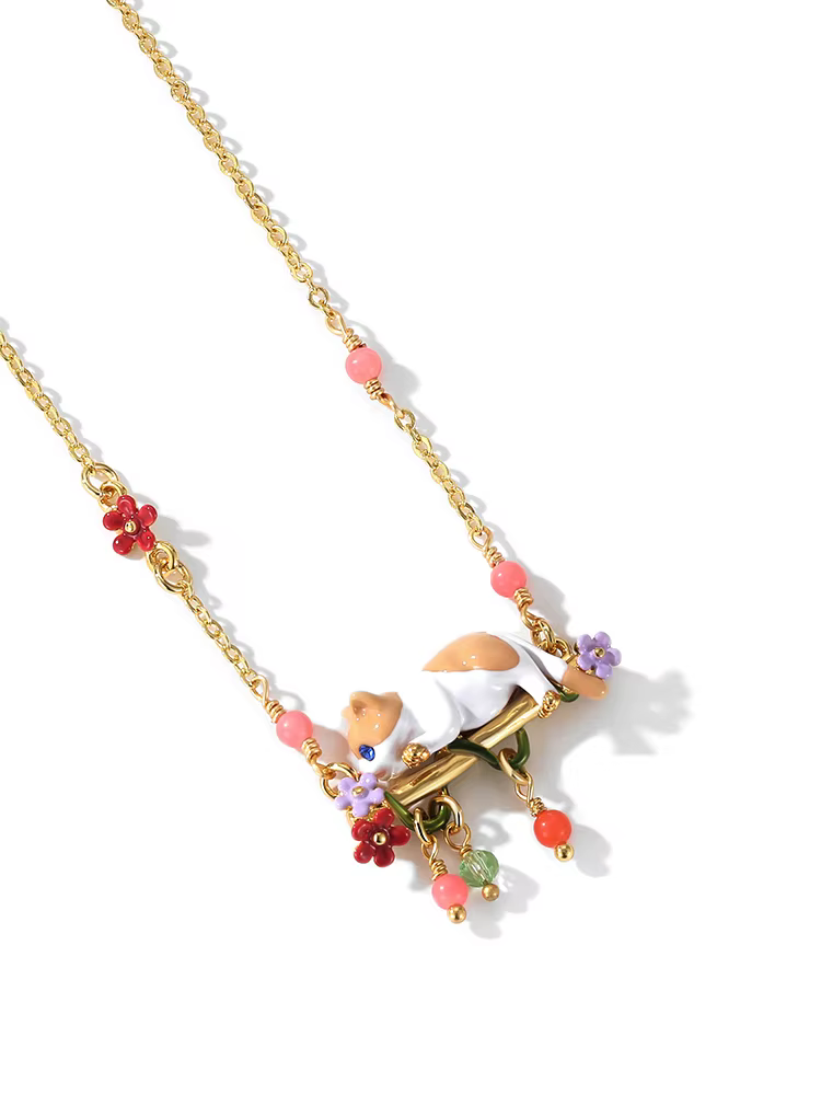 Collier chat raisin juteux - Pendentif en émail plaqué or 18 carats |   Bijoux tendance 2024 fabriqu