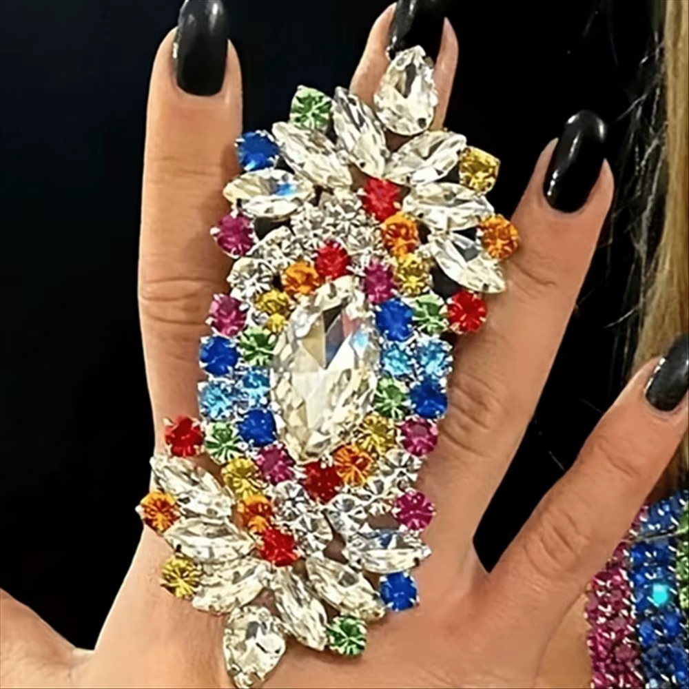 Grande bague réglable plaquée électrique, diamant d'eau coloré, ouvertures exagérées, accessoire à l