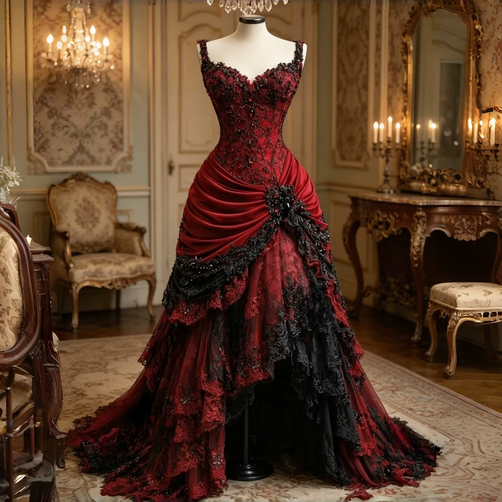 Robe de mariée gothique bordeaux et noire avec appliques en dentelle, en tulle, coupe asymétrique, c