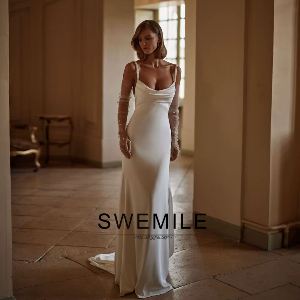 SWEMILE – robe de mariée élégante à perles pour femmes, bretelles spaghetti plissées, dos nu, robes 