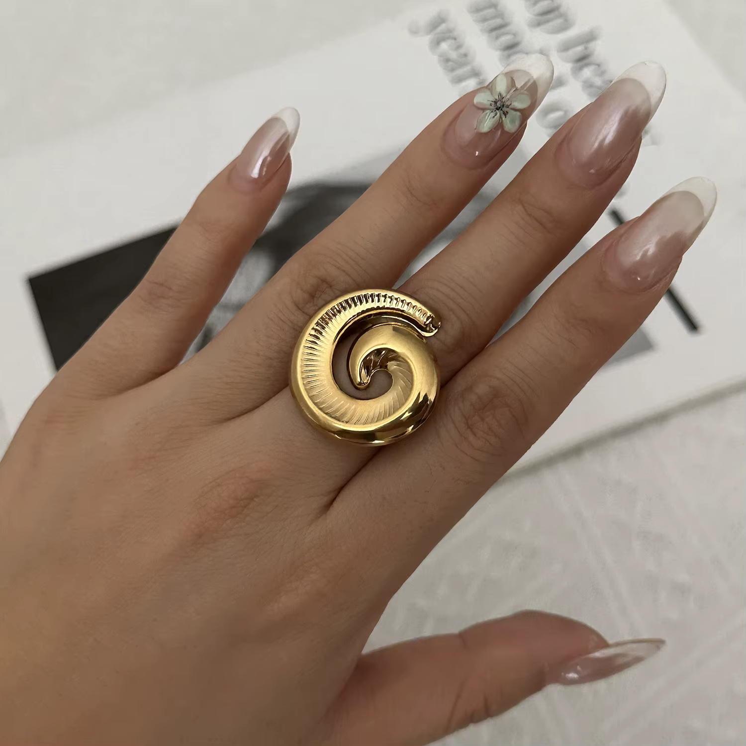 Bague ouverte en acier inoxydable motif floral vintage escargot de mer et étoile, design tendance po