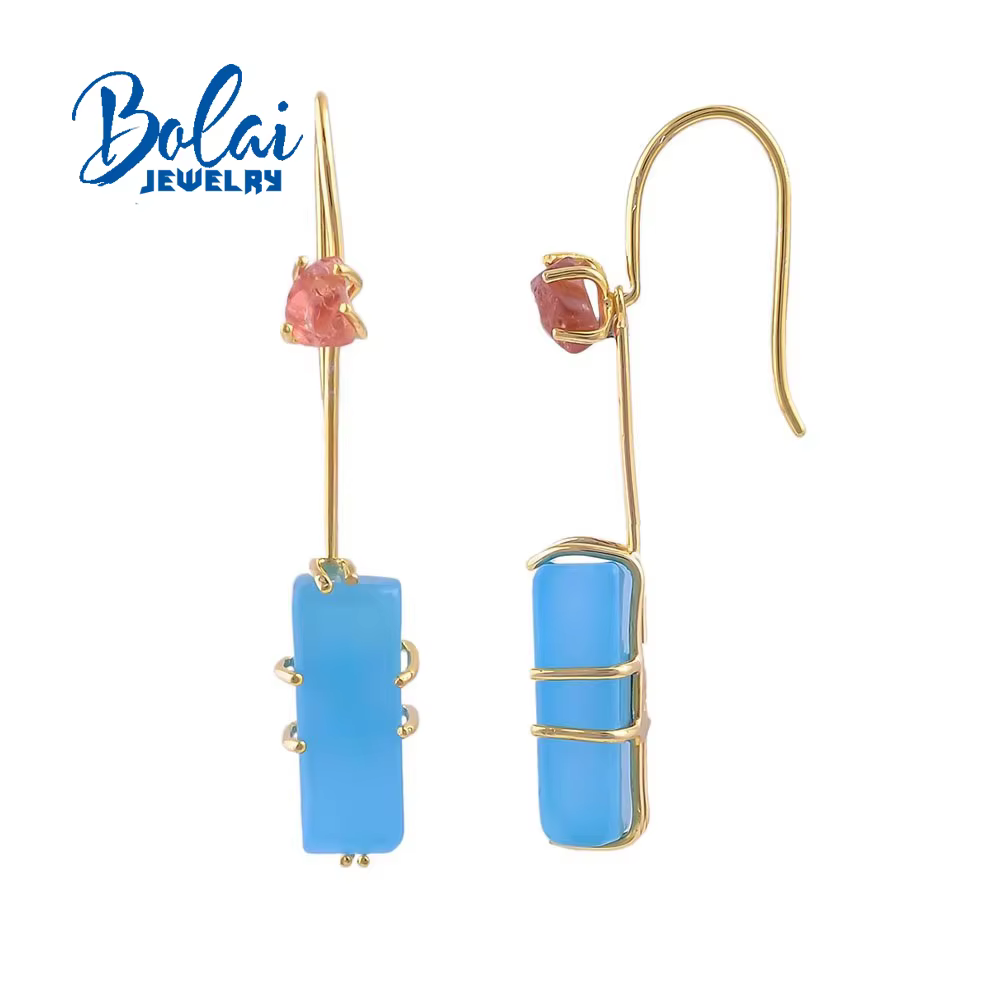 TBJ,5 cm de Long pierre précieuse faite à la main boucle d'oreille crochet rugueux 19ct calcédoine b