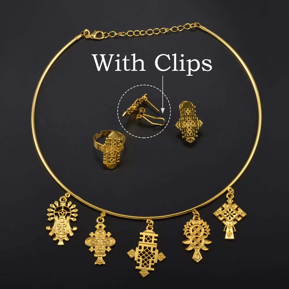 Parures de bijoux ethniques éthiopiennes et érythréennes avec colliers ras-du-cou, boucles d'oreille