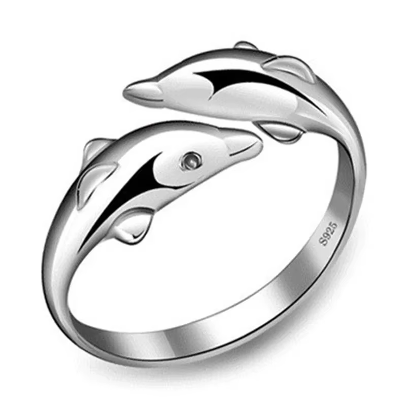 925 bijoux en argent Sterling ouvert heureux Double dauphin amour anneaux pour les femmes cadeau de 