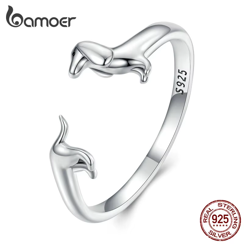 Bamoer – bague ouverte en argent Sterling 925 pur, design unique de chien teckel, anneaux réglables 