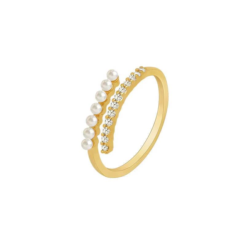 Bagues Micro-Rhinestones Luxe Léger pour Femme, Anneau Ouvert Doré Élégant avec Perle Synthétique, B