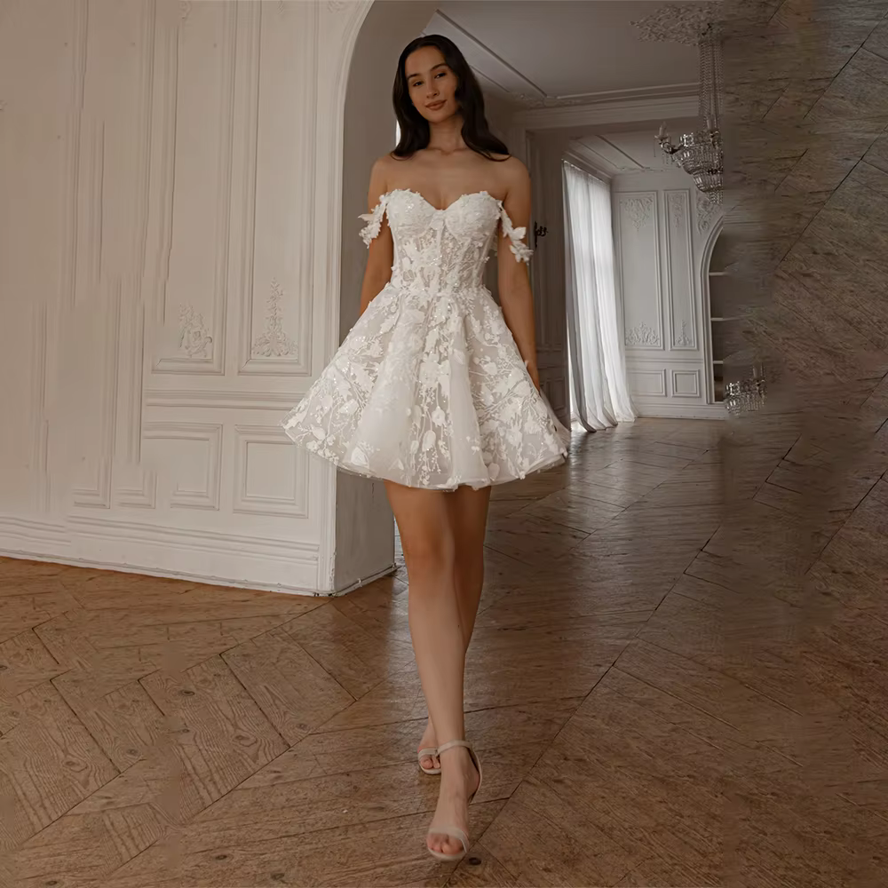 Belle deux bretelles Sweethat pleine fleur 3d dentelle Appllque courte/Mini robes De mariée sur mesu