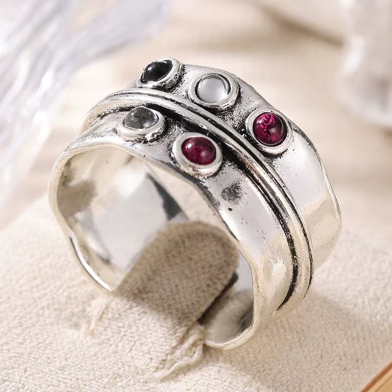 Bague vintage pour femme avec pierres multicolores incrustées, couleur argent, sculptée à la main, p