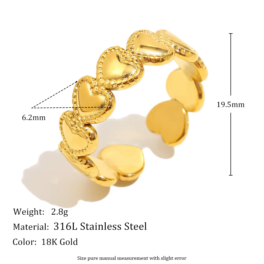 E.B.belle – bague manchette en forme de cœur, bord perlé, plaqué or 18 carats, en acier inoxydable, 