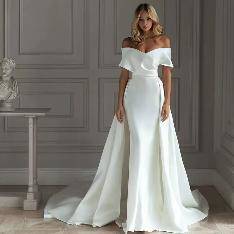 Robe De mariée traînante détachable, sirène en Satin, épaules dénudées, sur mesure