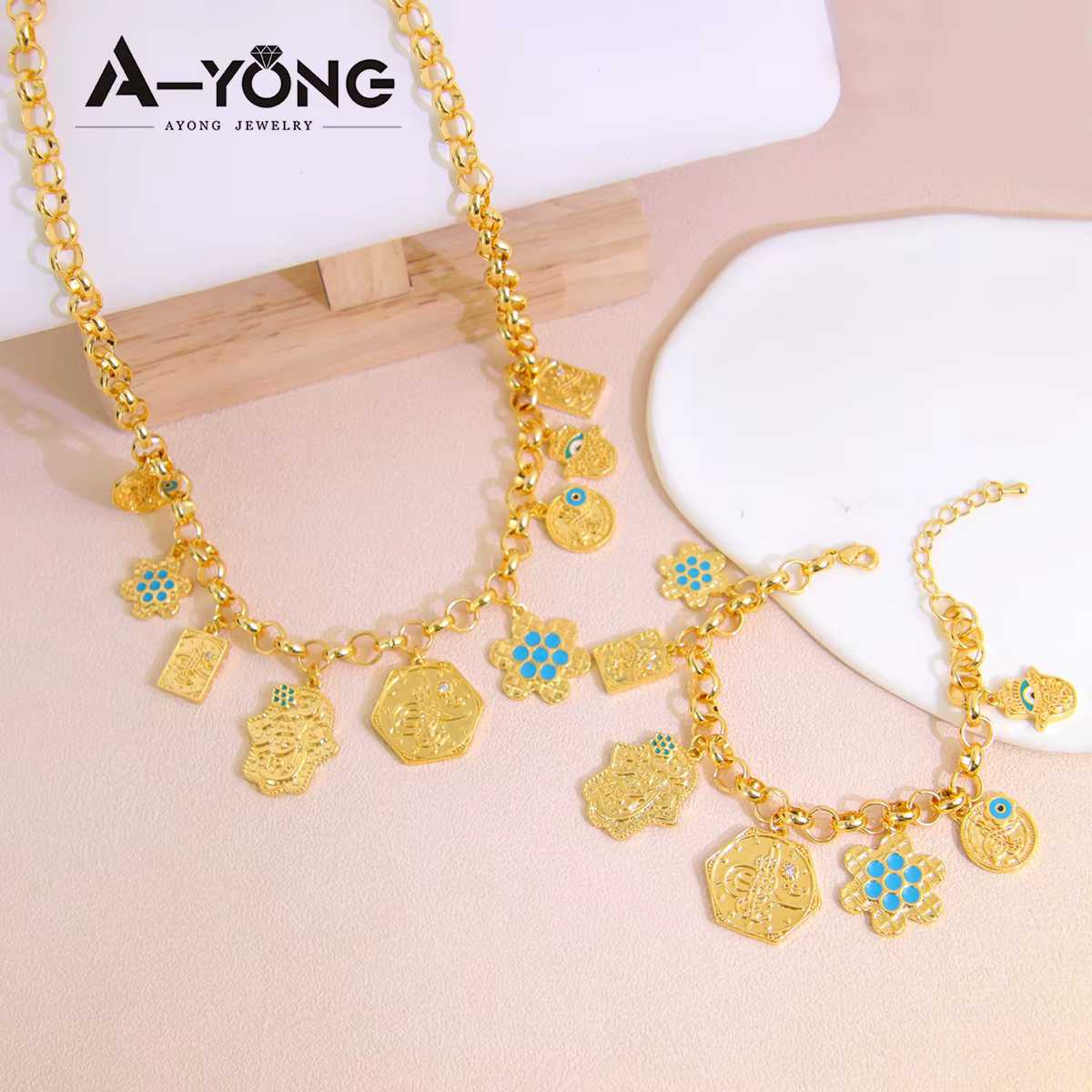 Parure de bijoux hip-hop arabe plaqué or 21 carats, style Bollywood, collier et bracelet punk, pour 
