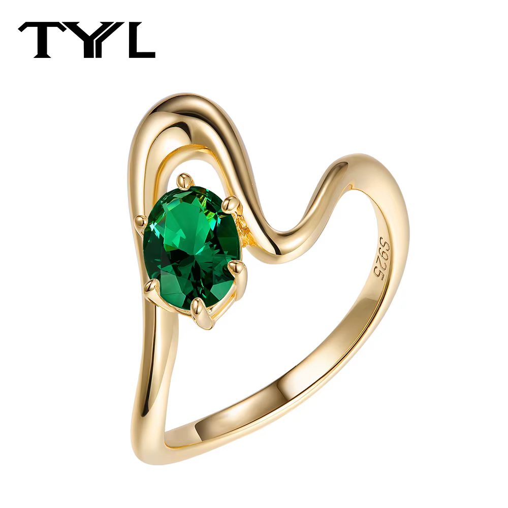 Bague Ondulée TYYL 5*7MM en Émeraude Taille Ovale, Plaqué Or 14 carats, Motif Cœur, Anneaux Verts po