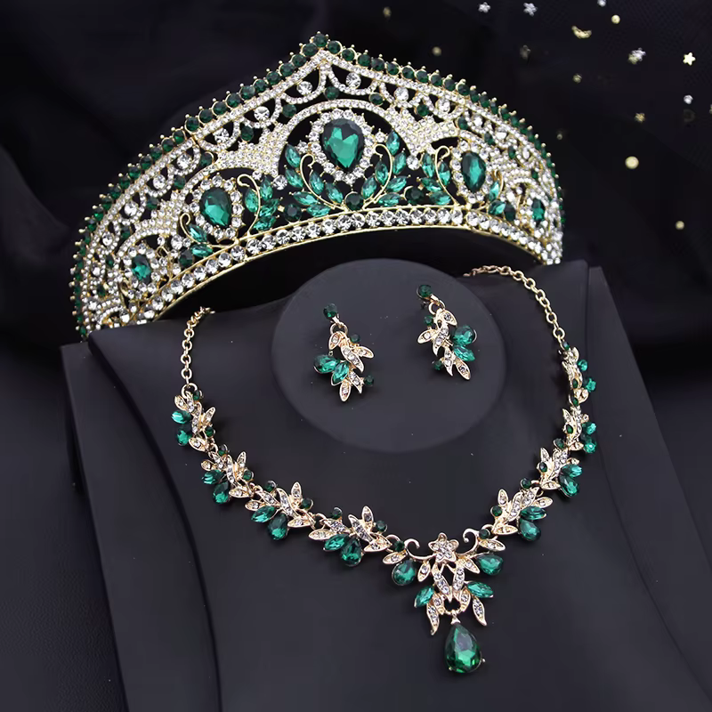 Ensemble de bijoux couronne de mariée de luxe pour femmes, diadèmes et collier rouges, boucles d'ore