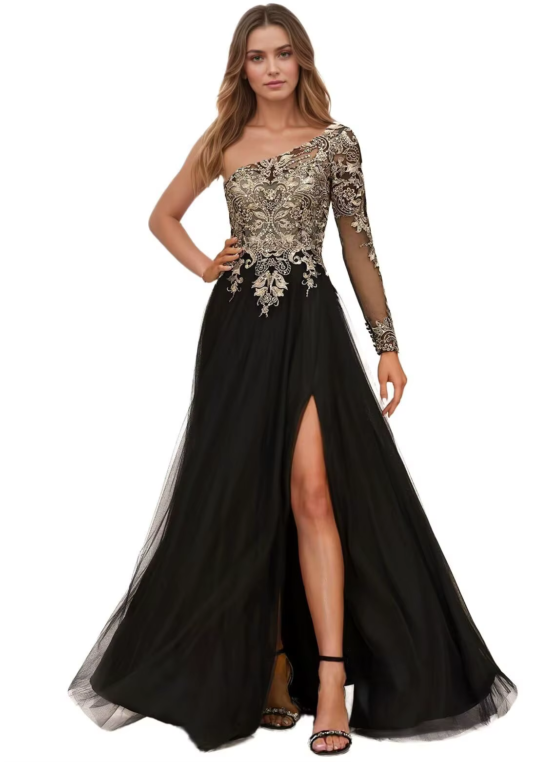 Robes de soirée formelles à manches longues pour la mère de la mariée, à une épaule, avec appliques 