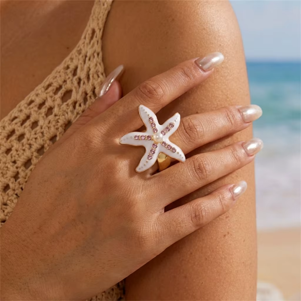 Bague étoile de mer en émail blanc style Mermaidcore pour femme, avec strass rose, bague cocktail ép