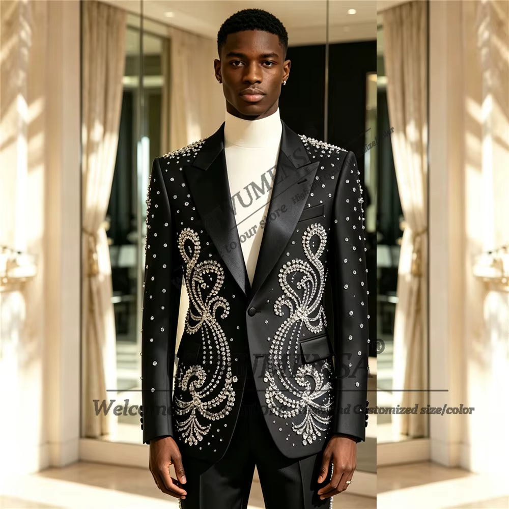 Costumes de mode pour hommes pour mariage, blazers ornés de pierres argentées, ensembles personnalis