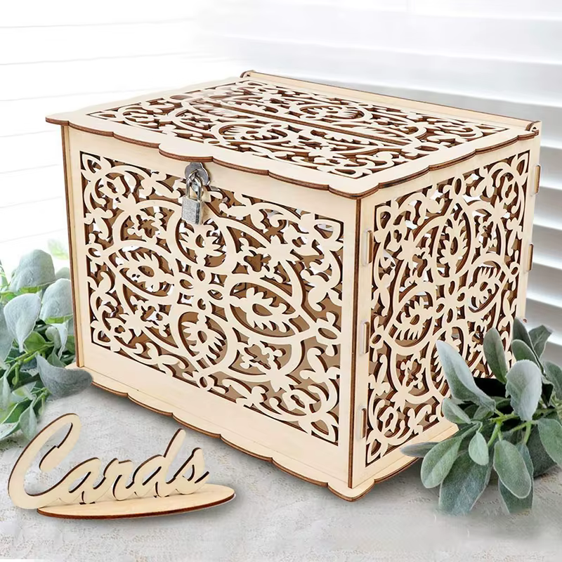 Boîtes à cartes de mariage, boîte en bois creuse, boîte cadeau en bois avec serrure, porte-cadeau et