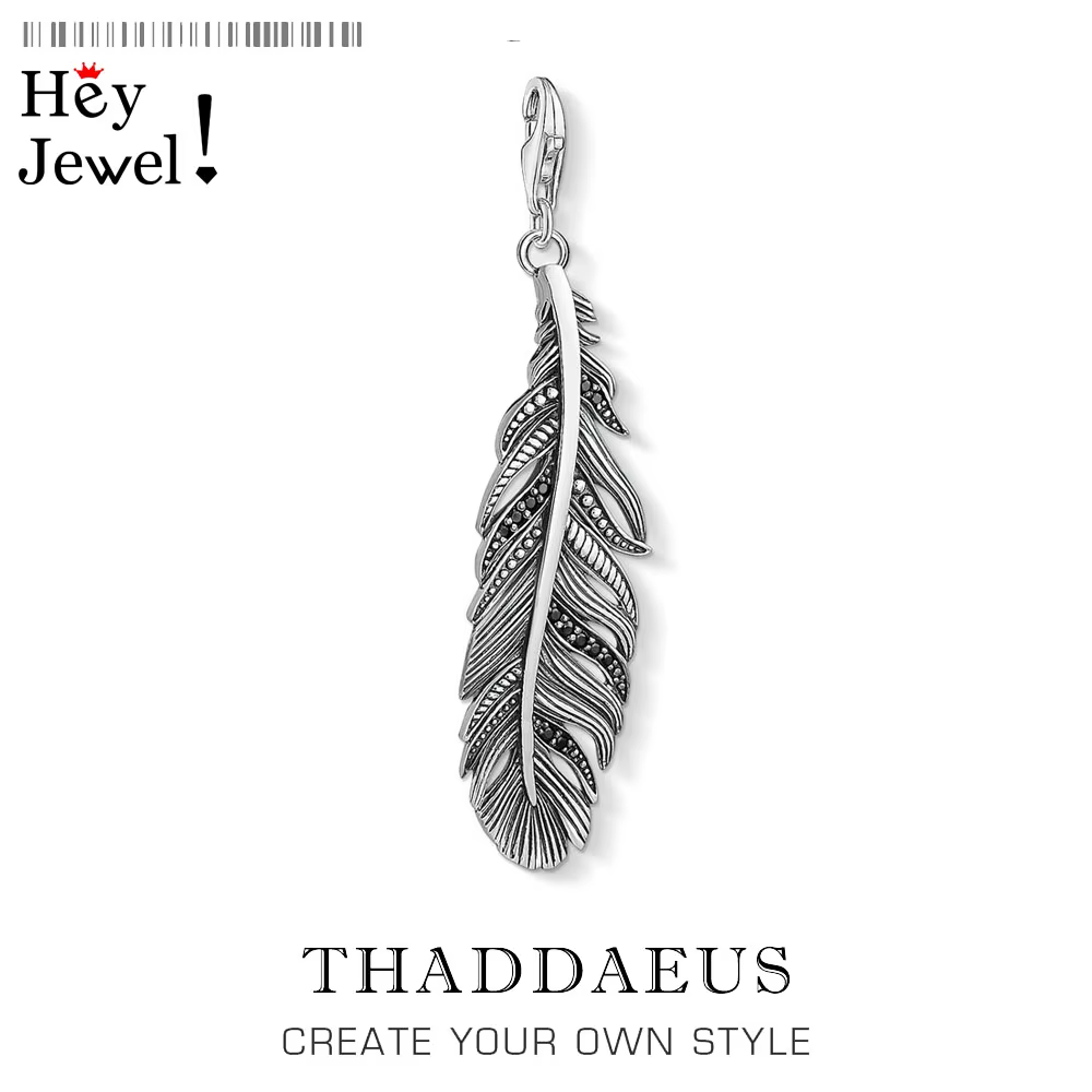 Pendentif à breloque plume noire en argent regardé 925 pour hommes et femmes, bijoux de style europé