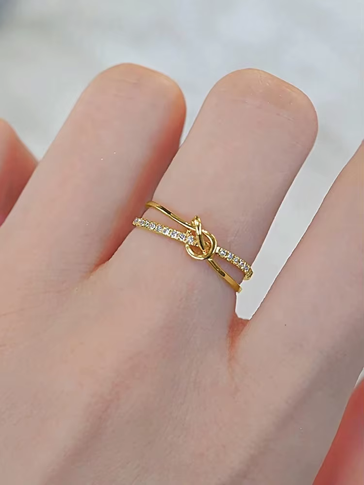 Double bague personnalisée en argent Sterling 925 avec nœud en or délicat pour femmes, fête d'annive