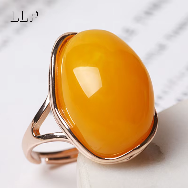Bague en ambre naturel fabriquée à la main, véritable pierre précieuse rétro avec lustre naturel, bi