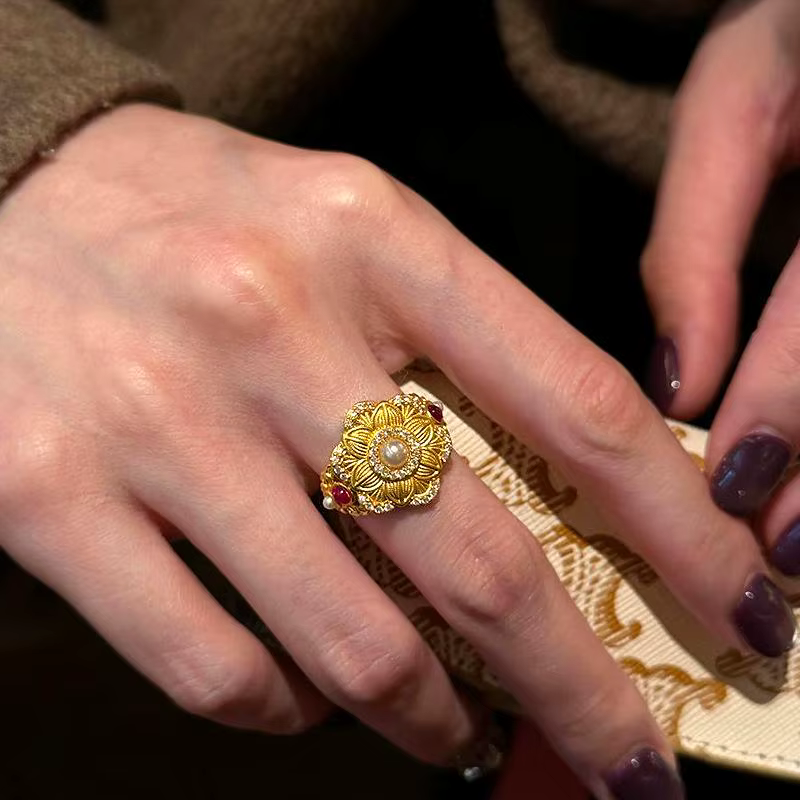 Bague classique antique en or pour femme, artisanat, fleur d'hibiscus, perle, sertie de diamants, ro