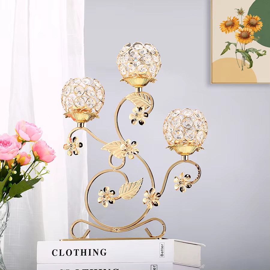 1pc 3 bras bougeoir en métal doré candélabre, chandelier en forme de fleur Vintage pour centre de Ta