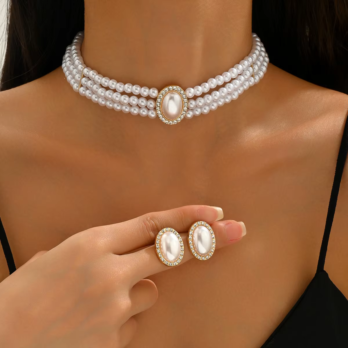 Ensemble collier et boucles d'oreilles multicouches en fausses perles, élégant, Style français, bijo
