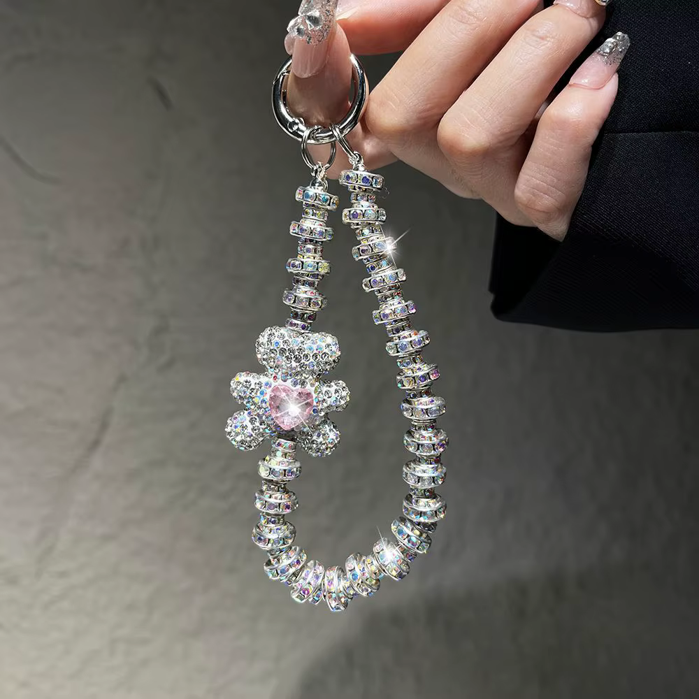 Chaîne de téléphone portable en cristal de luxe, petit ours, tentures de poignet, pince à la mode, a