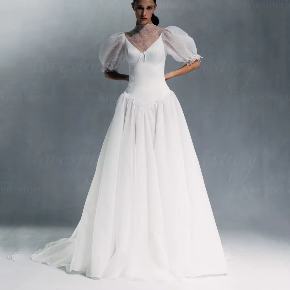Robes de mariée personnalisées à col en V, coupe trapèze, en tulle, avec manches bouffantes, robes d