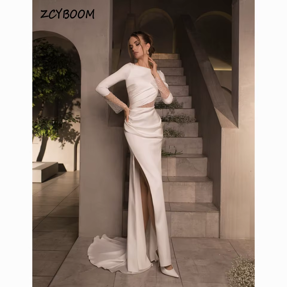 Robe de mariée élégante à sequins et perles, manches longues, coupe sirène, longueur ras du sol, tra