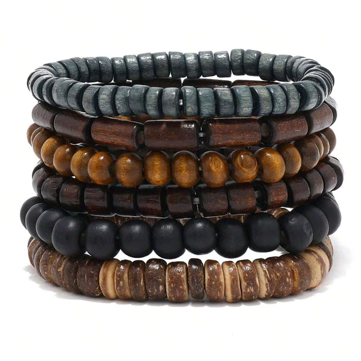 Wodeen – Bracelet tressé en cuir pour hommes, 6 pièces, Vintage, perles en bois, à la mode