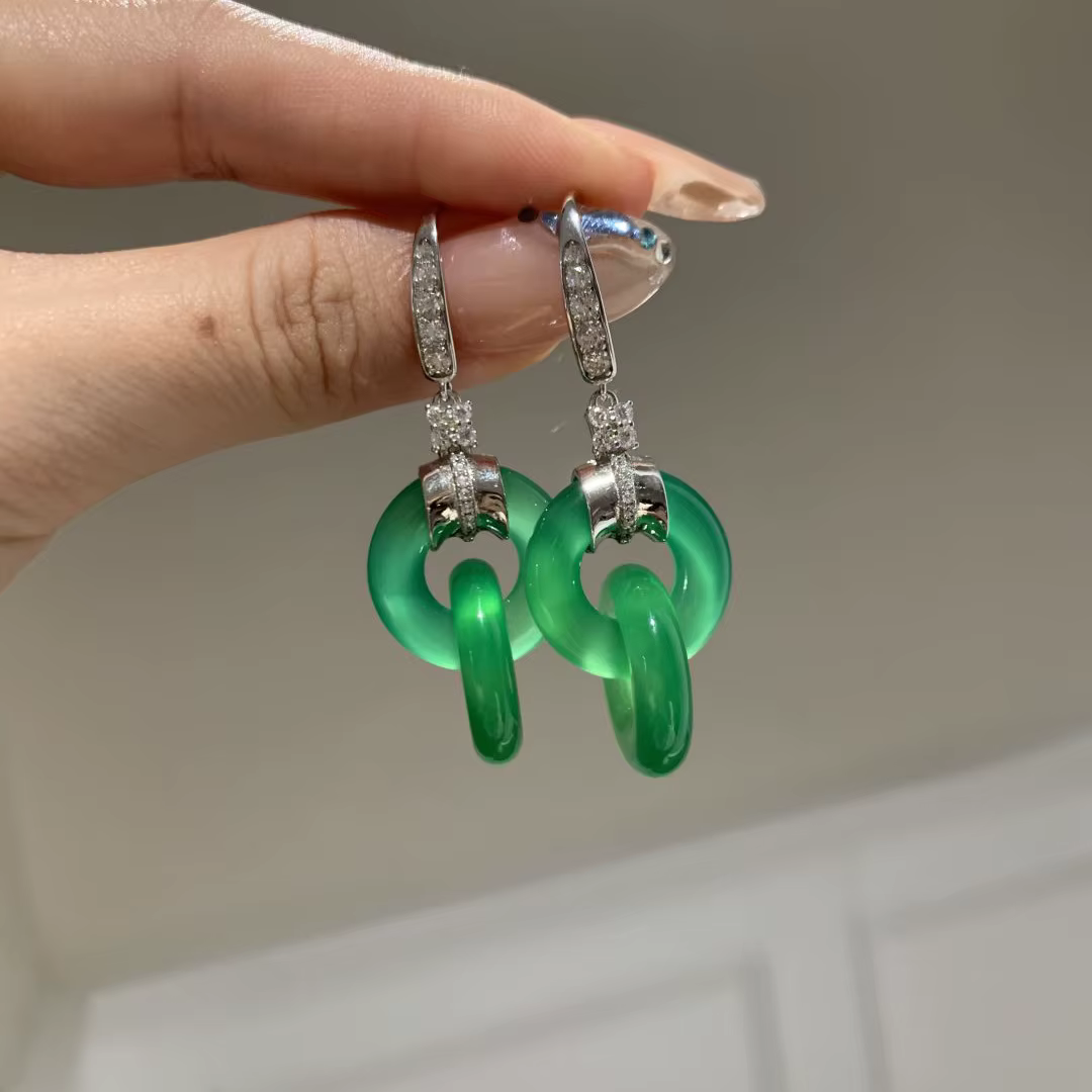 Boucles d'oreilles entrelacées fraîches en argent 925 incrusté de diamants, boucles d'oreilles verte