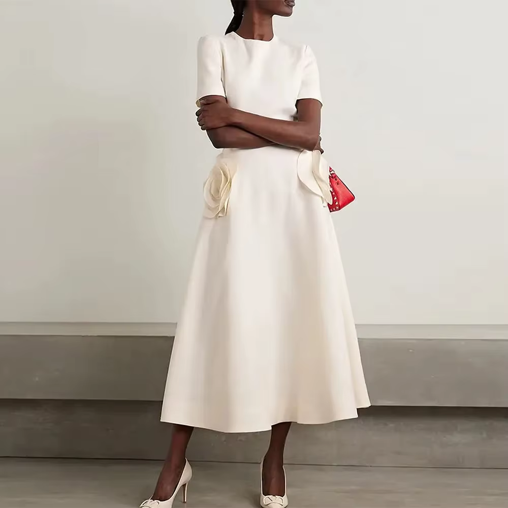 Robes de soirée de mariage simples Jersey a-ligne robe de fiançailles Champagne col rond fleurs 3D f