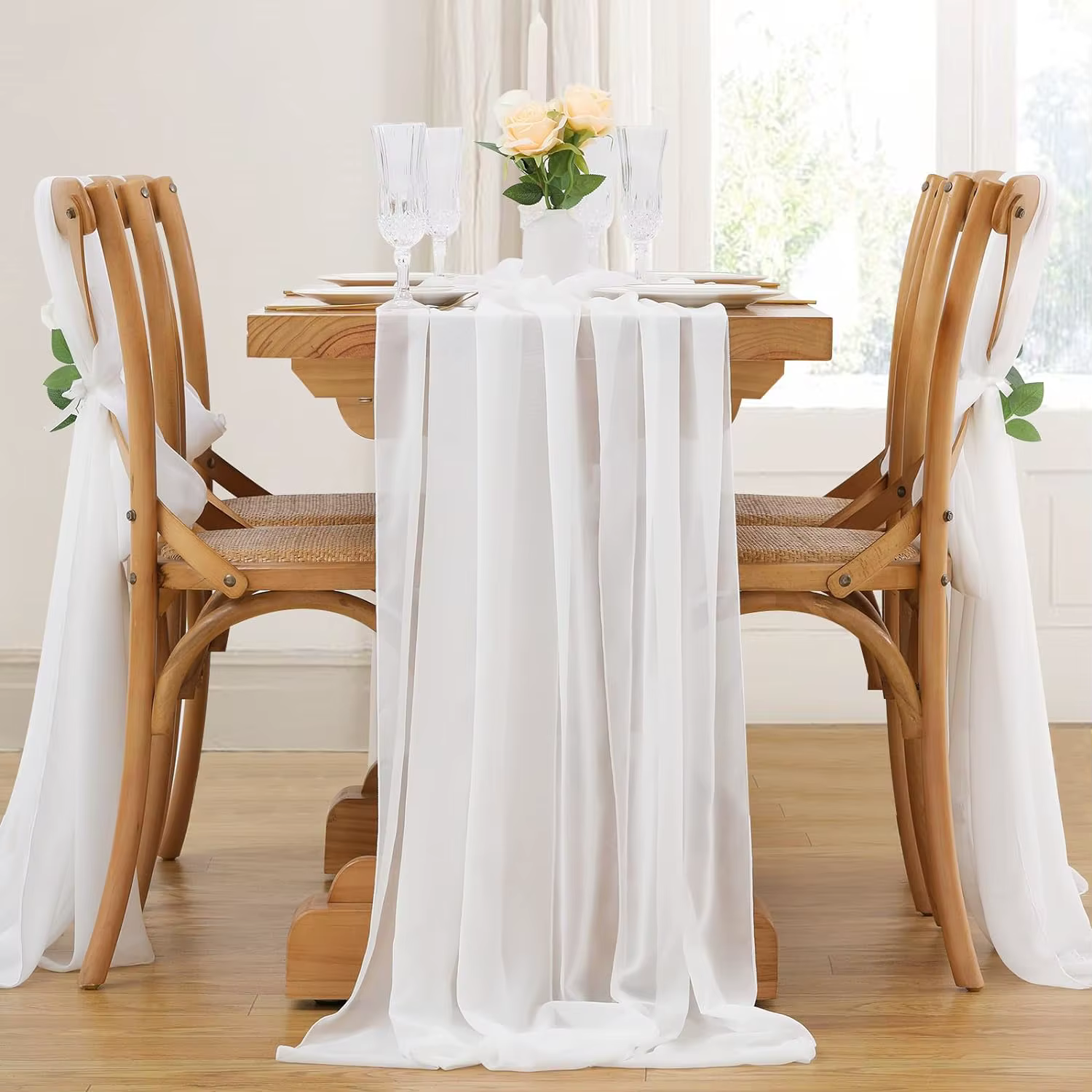 Chemin de Table en mousseline de soie vert sauge, ceintures de chaise en arc de mariage en gaze de l