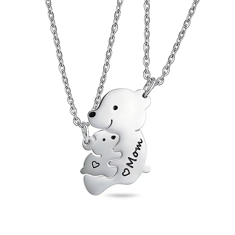 Collier assorti en acier inoxydable avec motif d'ours de dessin animé, maman et bébé, 2 pièces, cade