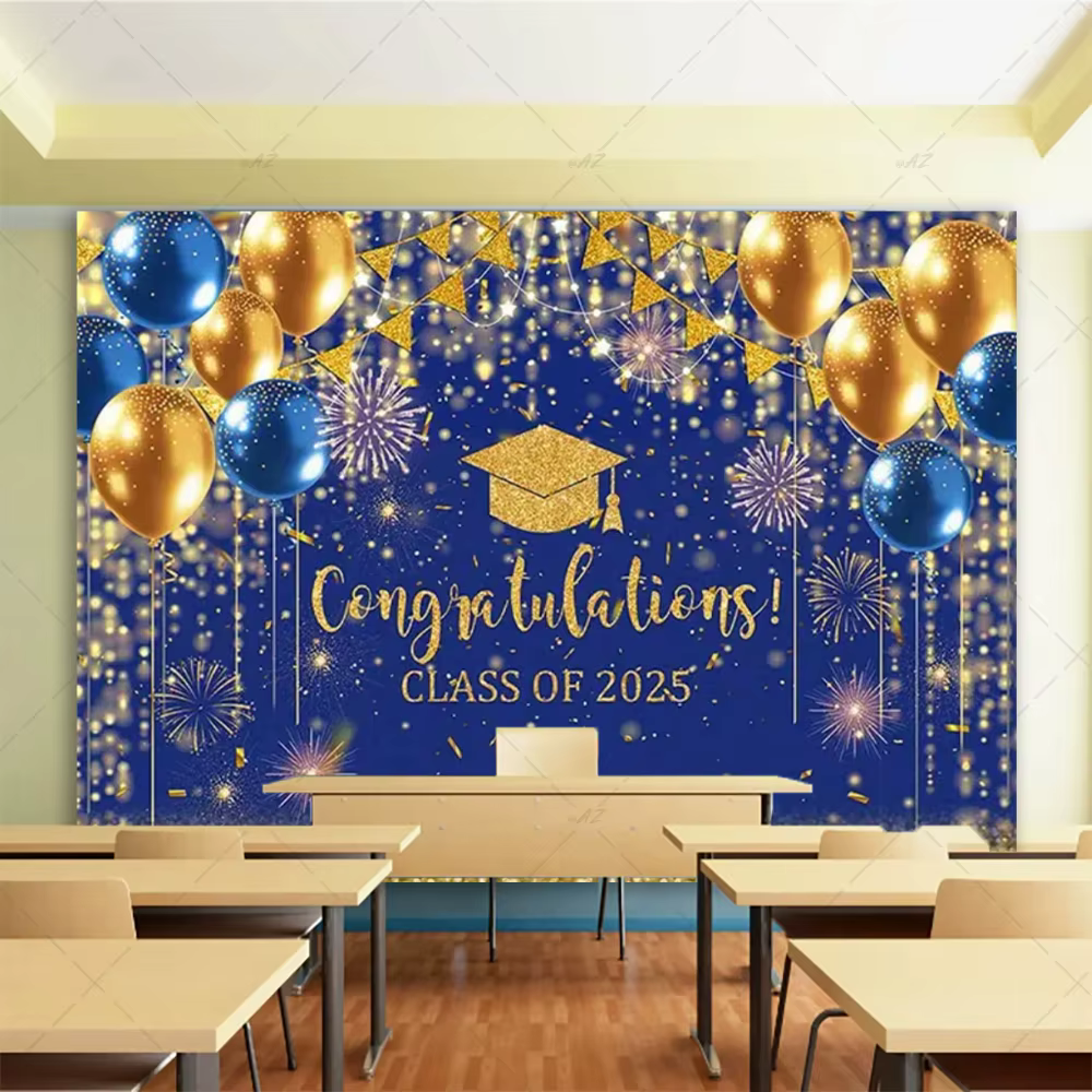 Toile de fond sur le thème de remise de diplôme, noir et or, décorations de fête pour cérémonie de r