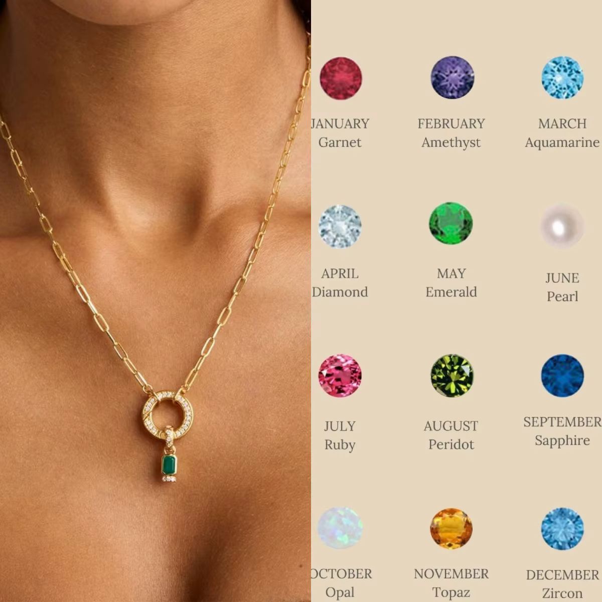 Collier pendentif en pierre de date de naissance de 12 mois pour femmes, chaîne à trombones en acier