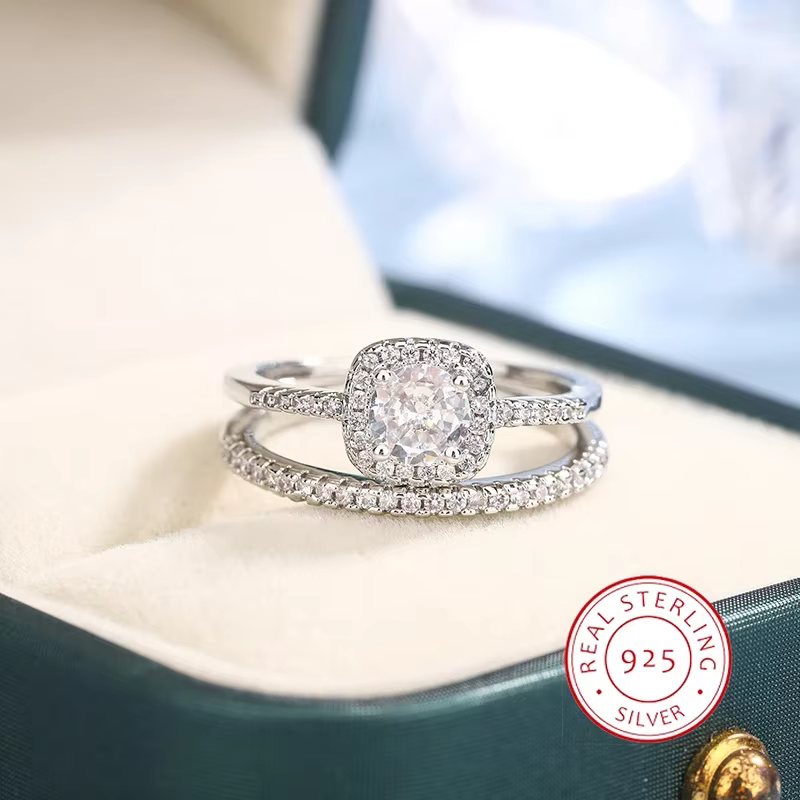 2 pièces 925 argent plaqué bague de mariage ensemble ovale AAAA Zircon bijoux bague de fiançailles e