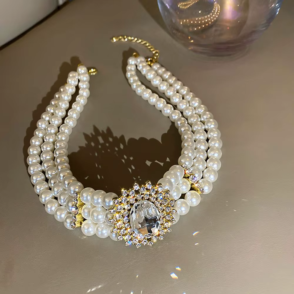 Collier ras du cou pour femme en verre cristal, style Hepburn, avec strass et perles, chaîne de clav