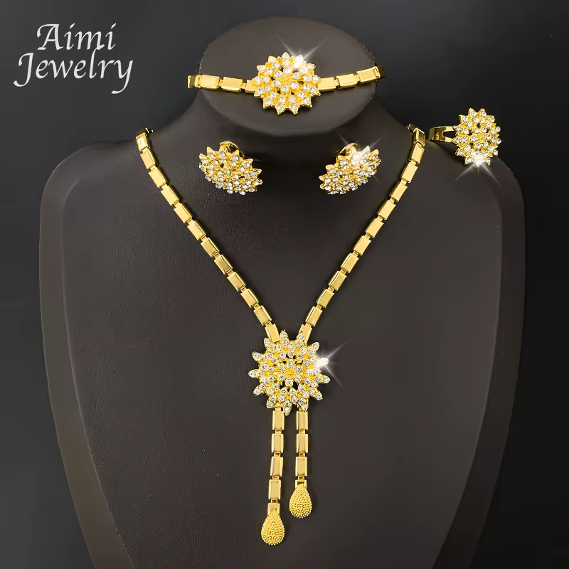 Ensemble de bijoux de luxe plaqué or avec strass brillants pour femmes, collier, boucle d'oreille, B