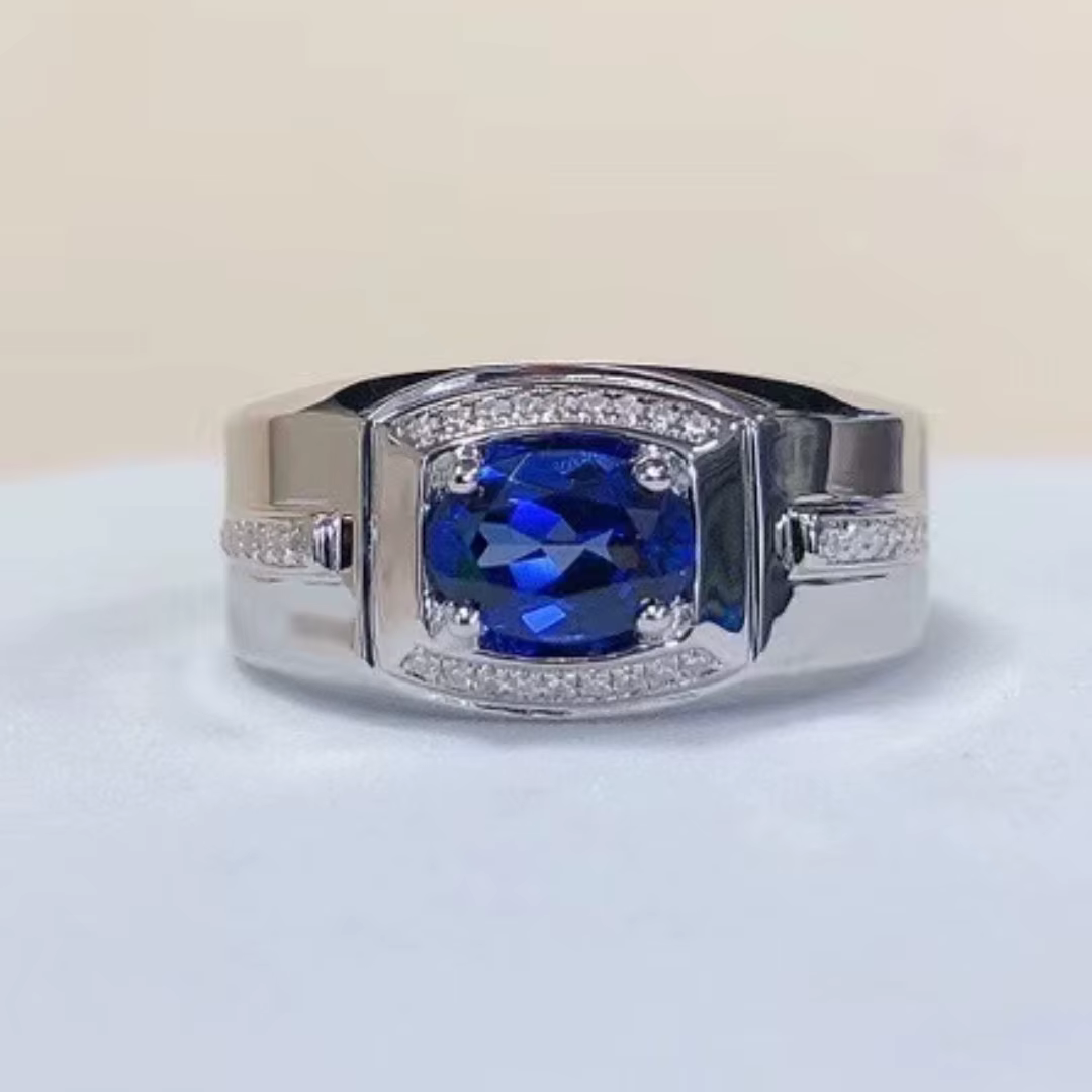 Bague Homme Diamant Bleu Taille Ovale, Or Blanc Solide 14K 585, Bijoux Fins 217, AU585, 1ct