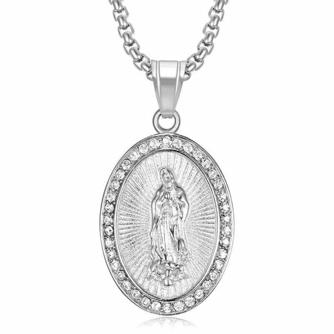 Pendentif religieux Médaille Notre-Dame Vierge Marie en acier inoxydable couleur or et argent, colli