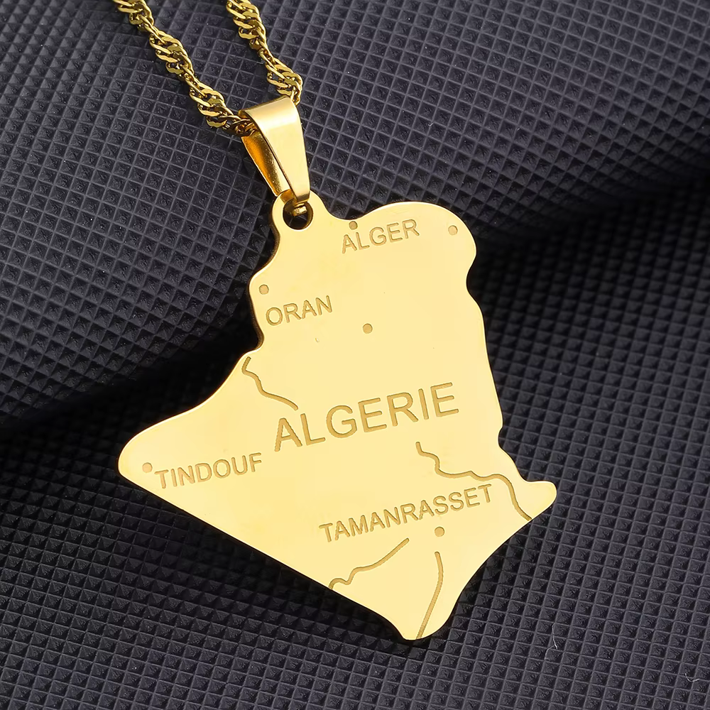 Mode Algérie Carte Ville Pendentif Collier En Acier Inoxydable Africain Hommes Femmes Maps Bijoux Ca