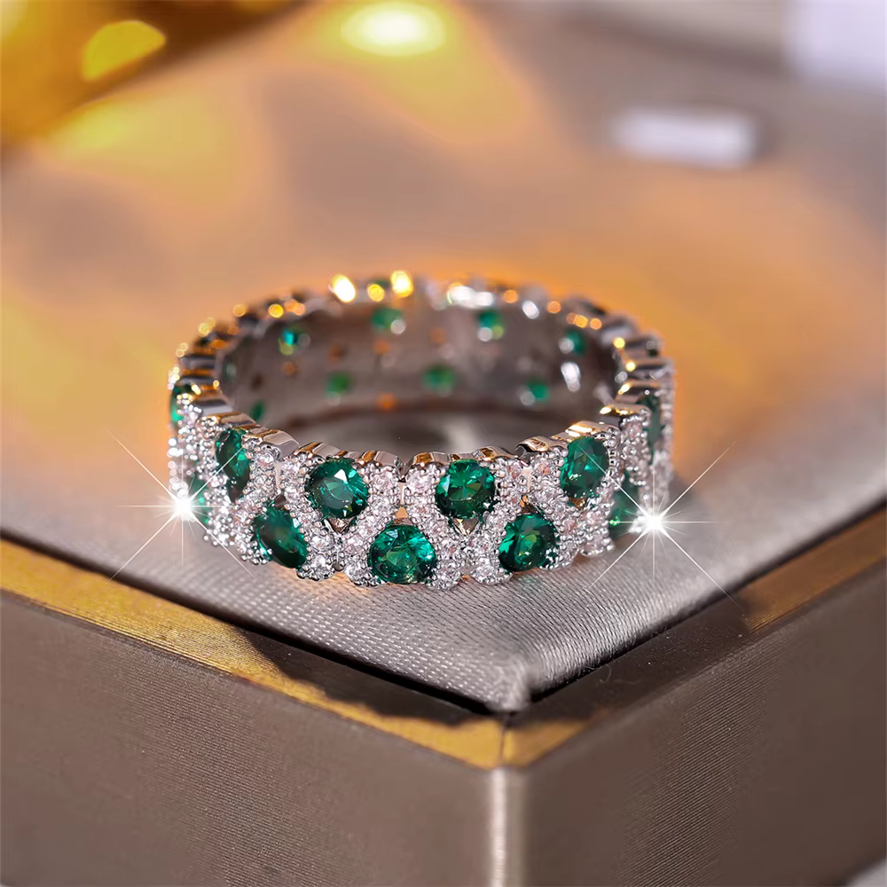 Bague de fiançailles en pierre ronde en cristal vert pour femmes, bague de mariage en Zircon Rose ro