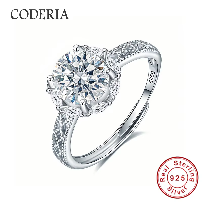 Bague en moissanite à taille ajustable 2 carats, coupe ronde, pour femme, plaquée or blanc 18 carats