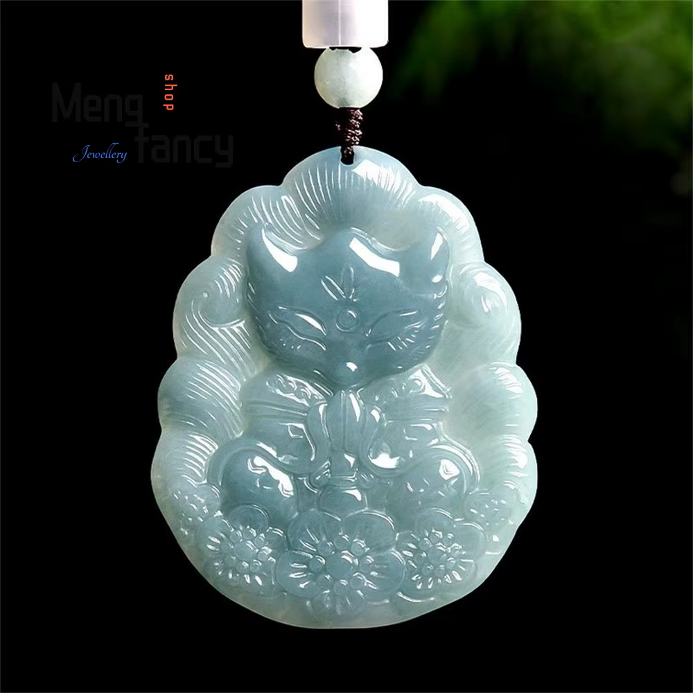 Pendentif féerique de renard à neuf queues, en jadéite naturelle de qualité A, eau bleue, bijoux exq