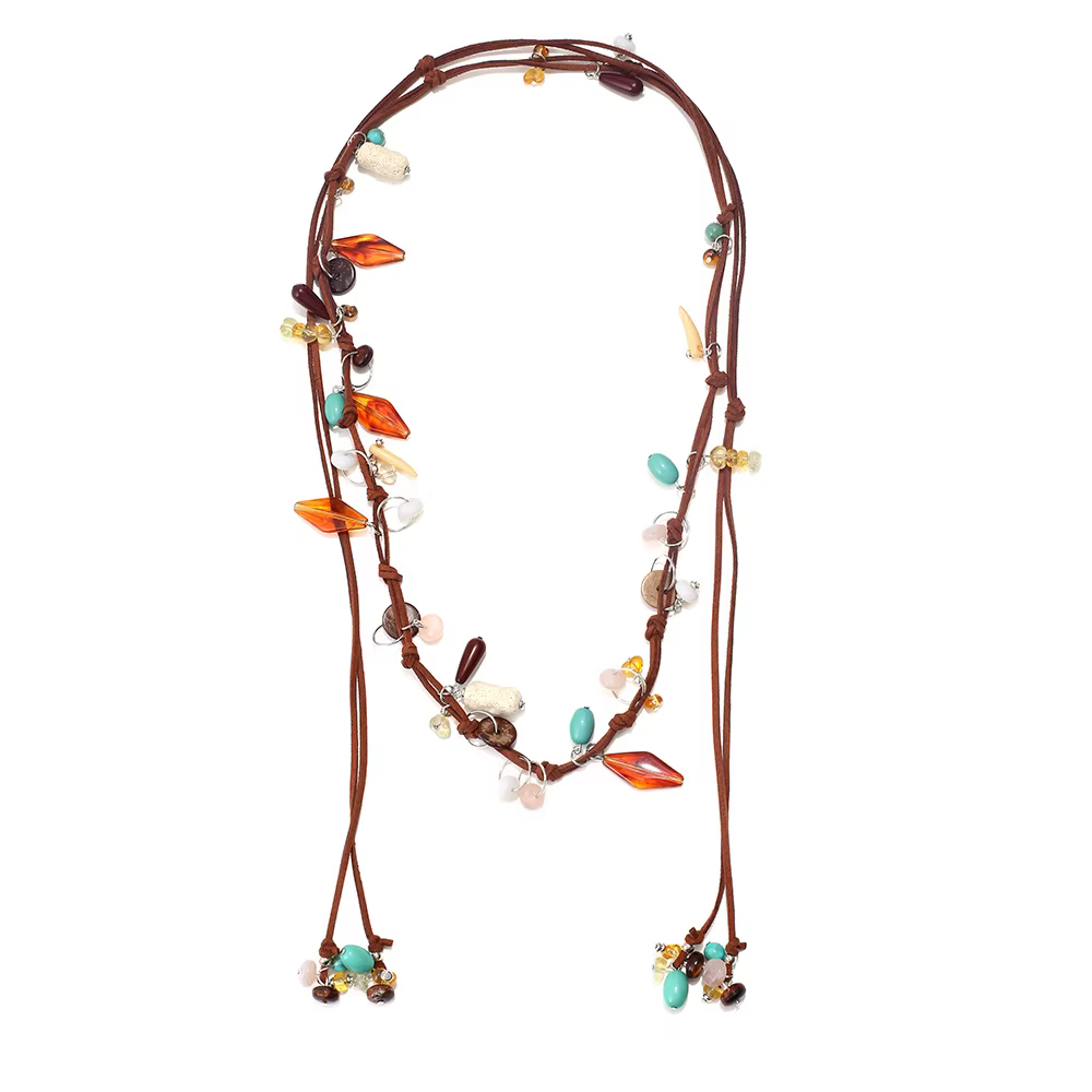 Collier en cuir perlé multicouche en résine style bohème pour femme, long collier vintage avec brelo
